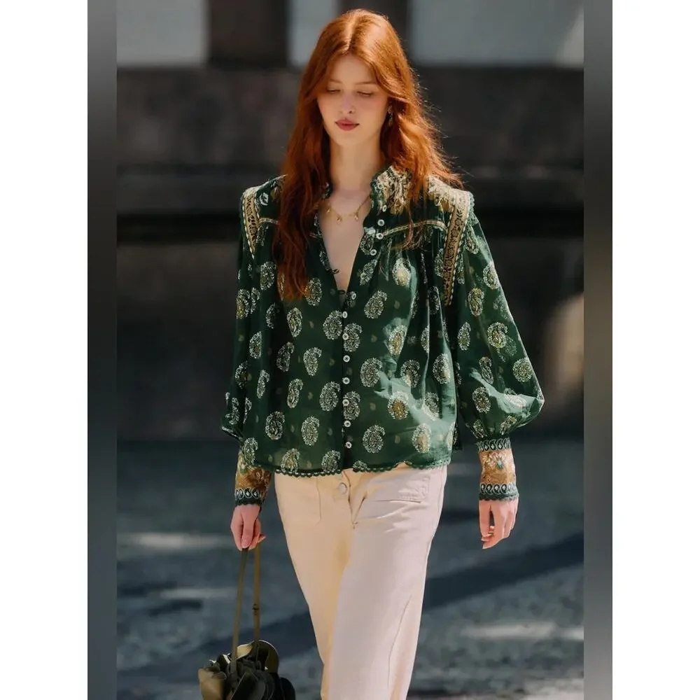Farm Rio Green Tayla Lace Buttoned Puff Sleeve Blouse S